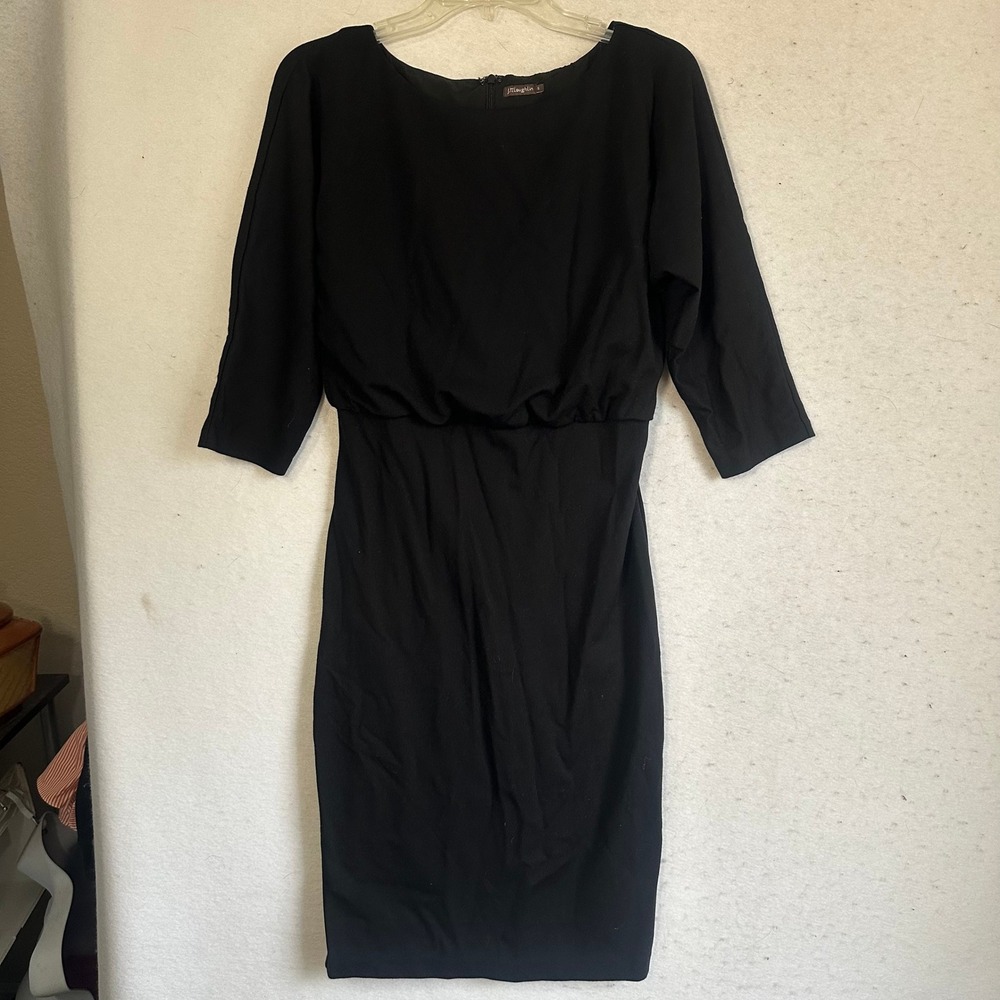 J.McLaughlin Black Sheath Dress 3/4 Sleeve Blouson Waist Small minimalist